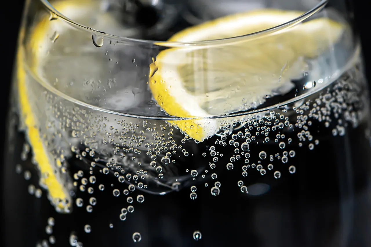 Verre d'eau gazeuse au citron sur fond sombre