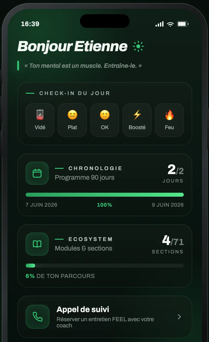 Application FEEL : check-in du jour, programme 90 jours, écosystème, appel de suivi